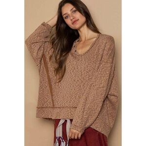 POL Coco Mocha Ribbed Long Sleeve Scoop Neck Top With Button Detail
